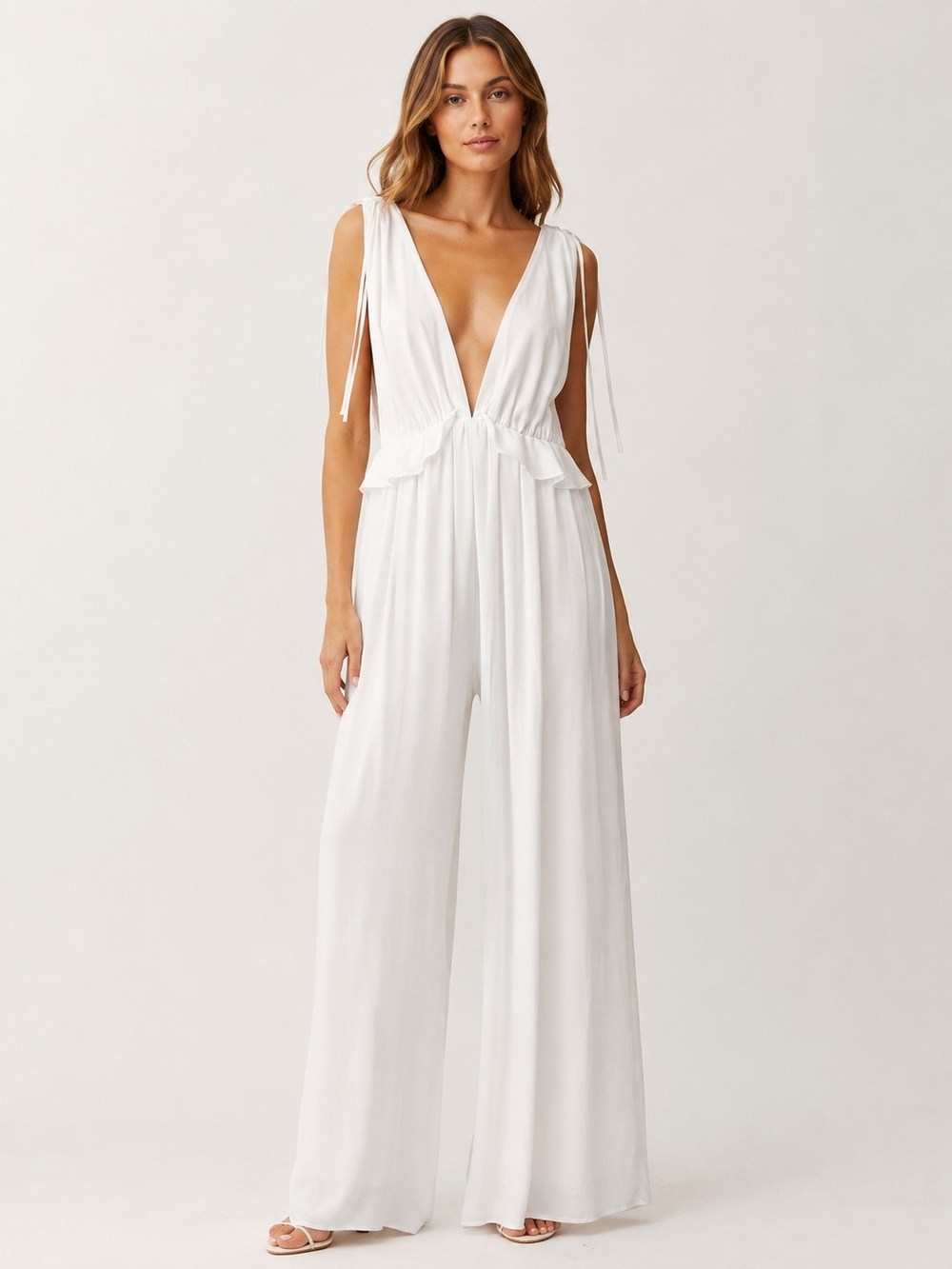 Lulus Women's Ivory Deep V-Neck Wide-Leg Pants Jumpsuit Size S